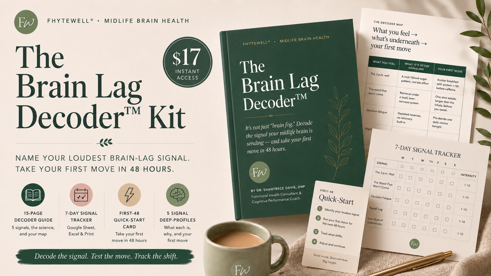 Everything in the Brain Lag Decoder Kit: guide, tracker, quick-start card, and deep-profiles